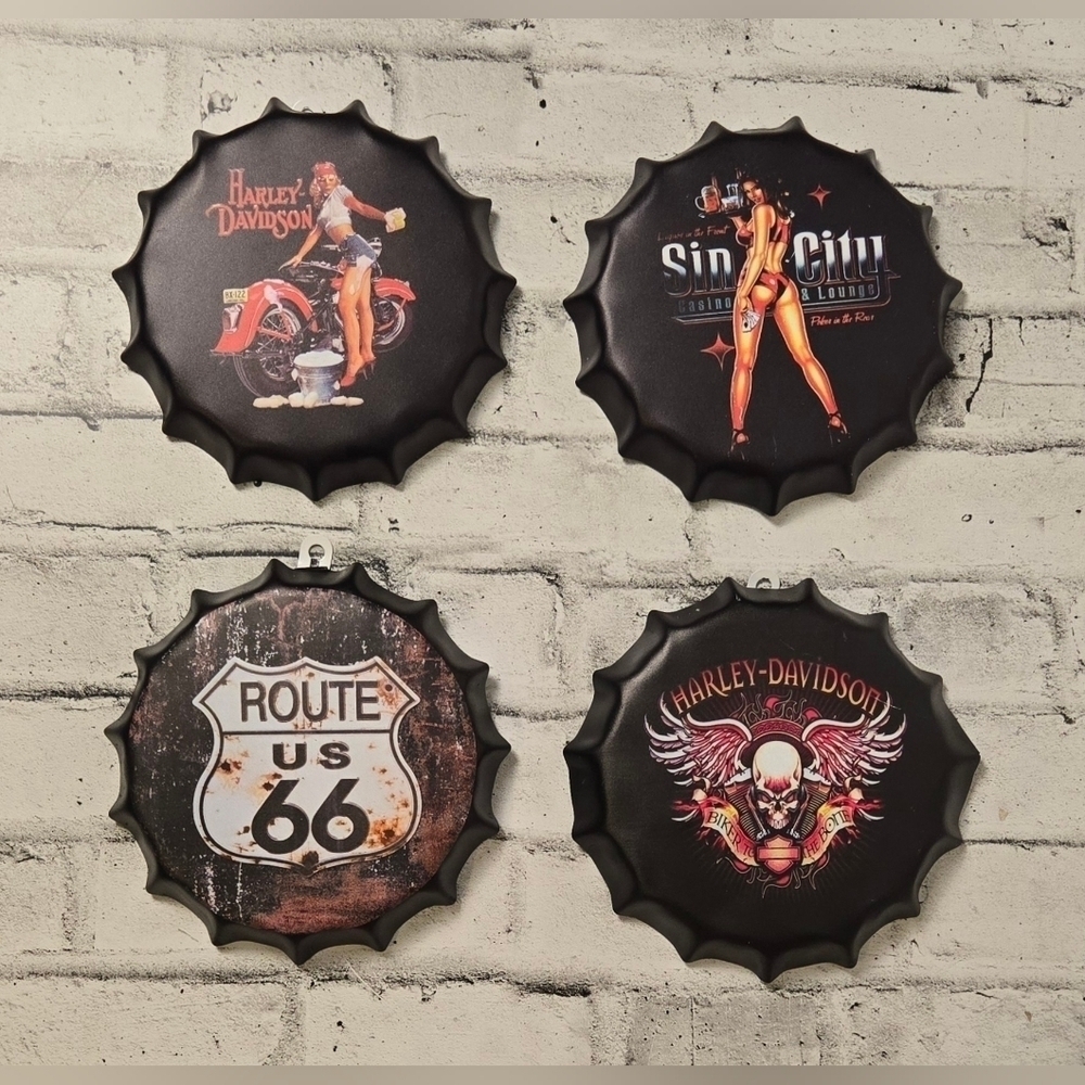Vintage Style Bottle Cap Wall Art Set Harley Davidson Route 66 Garage Decor